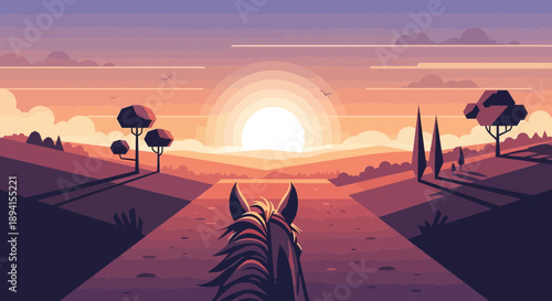 Pixel Art Horse Riding Towards Sunset on a Rural Path