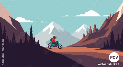 Man riding scooter through scenic mountain landscape, adventure travel concept