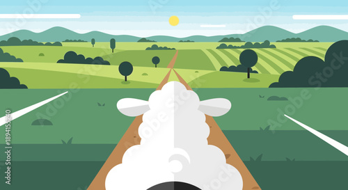 Sheep walking on dirt road through green farmland, flat design