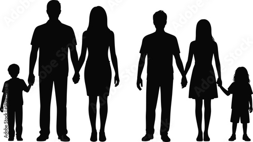 Family Silhouette Groups – Illustration of Unity and Support Featuring Two Sets of Adults and Children Holding Hands for Relationship and Structure Design Use