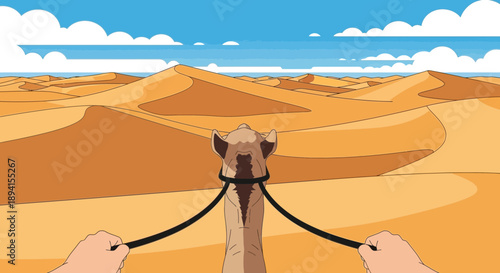 First Person View Riding Camel Through Sandy Desert Dunes Under Blue Sky