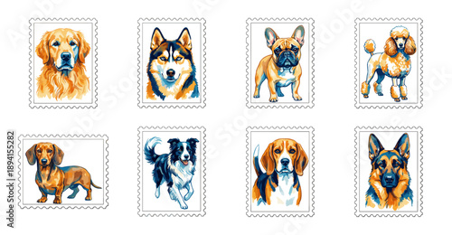 Vector Pop Art Style Dog Breed Postage Stamp Collection for Philately and Pet Stationery Asset Sheet