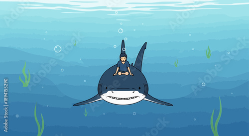 Person Riding a Shark Underwater