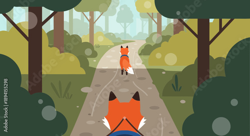 Two foxes walking on forest path, flat illustration, adventure concept