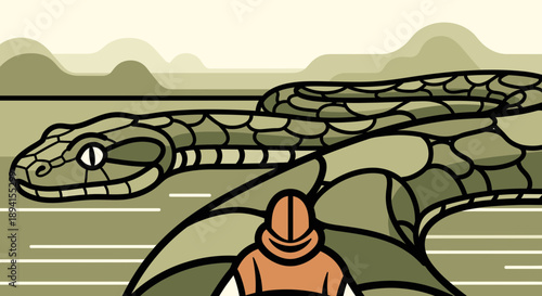 Man Confronts Giant Snake in Stylized Landscape