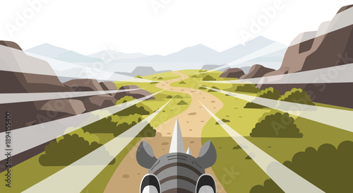 Rhinoceros Riding a Path Through a Stylized African Landscape