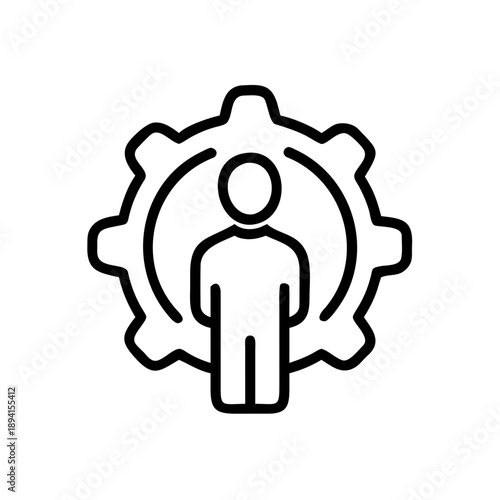 Healthcare personnel management concept with a person and gear symbol on a plain background