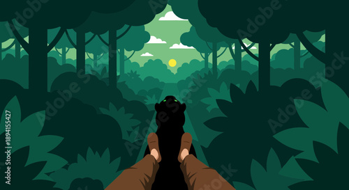 First-person view of a person walking on a path through a lush, green jungle.