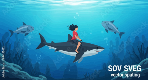 Child riding a shark underwater with fish and coral reef, fantasy ocean scene