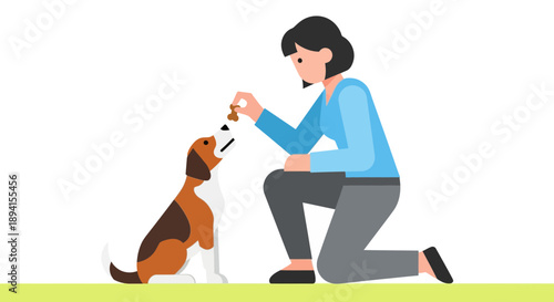 Woman training dog with treat, kneeling interaction, pet care, simple flat illustration