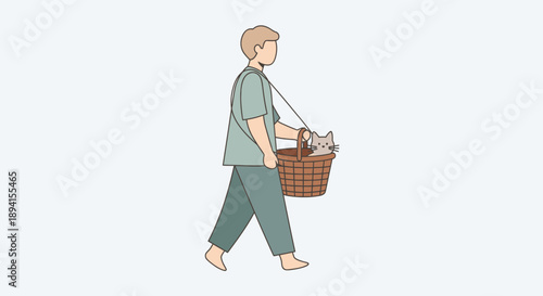 Person Carrying Cat in Wicker Basket Outdoors