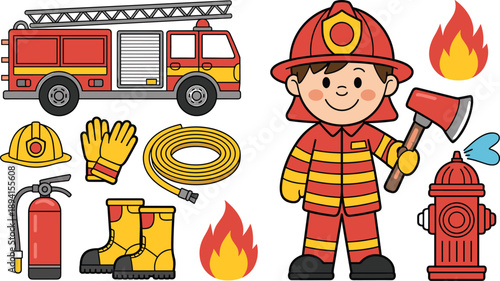 Firefighter Tools and Uniform Cartoon – Colorful Educational Illustration of Fire Safety Gear, Equipment, and Flame Icons for Children and Awareness Design Use