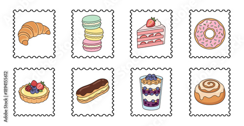 Hand Drawn Sweet Dessert Pastry Postage Stamp Collection for Bakery Branding and Stationery Design