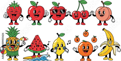 Vintage rubber hose style fruit characters doing summer activities and hobbies collection