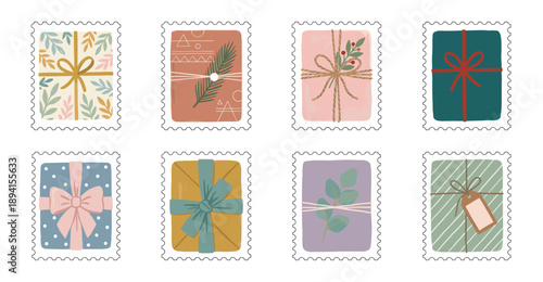 Boho Winter Holiday Gift Box Postage Stamp Collection for Festive Greeting Cards and Seasonal Stationery