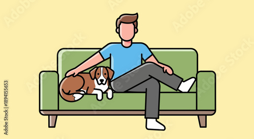 Man Relaxing on Sofa with Dog, Companionship and Leisure Time