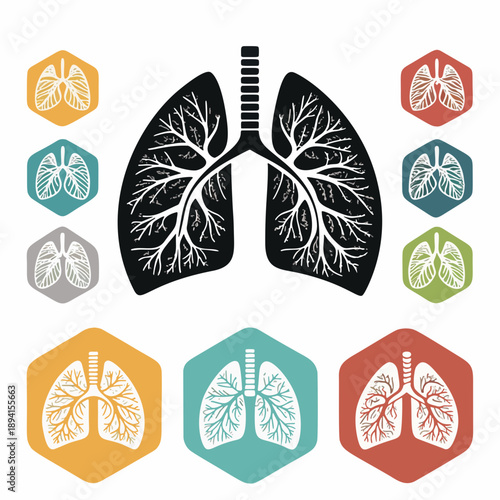 Anatomy illustration of human lungs with branching bronchioles, shown in black and white silhouette with colorful hexagonal icons