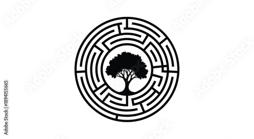 Intricate circular maze design featuring a tree black silhouette