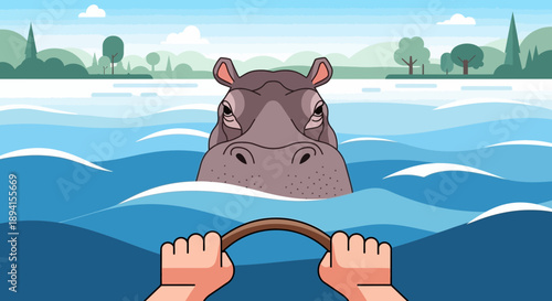 Funny Hippo Driving Boat in River, First Person View, Cartoon Style