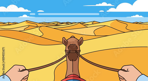 First-person view of camel caravan crossing vast desert dunes under a blue sky.