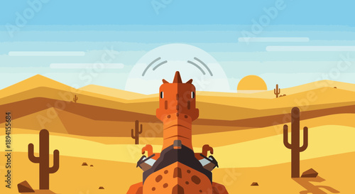 Dinosaur Riding Spaceship in Desert Landscape