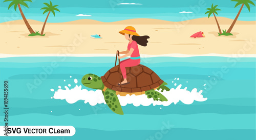 Girl Riding Sea Turtle on Tropical Beach Vacation, Ocean Waves