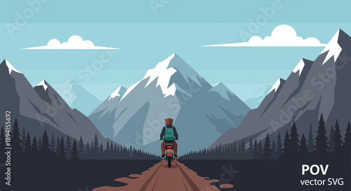 Motorcyclist riding on dirt road towards majestic snowy mountains, POV