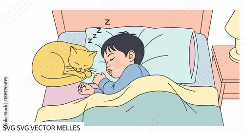 Child sleeping peacefully with cat on bed, sweet dreams and comfort