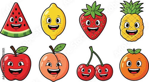 Set of various funny cartoon fruits with happy faces including watermelon slice, lemon, strawberry, pineapple, apple, peach, cherries, and orange. transparent background vector illustration
