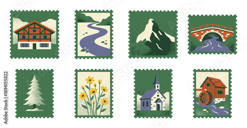 Retro Grainy Alpine Landscape Postage Stamp Collection for Travel Scrapbooking and Nature Journaling