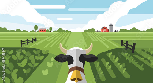 Cow in a green field with farm buildings, flat design illustration