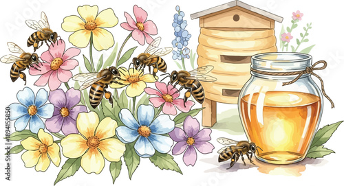 Honeybees working on flowers near beehive and honey jar in beautiful garden landscape