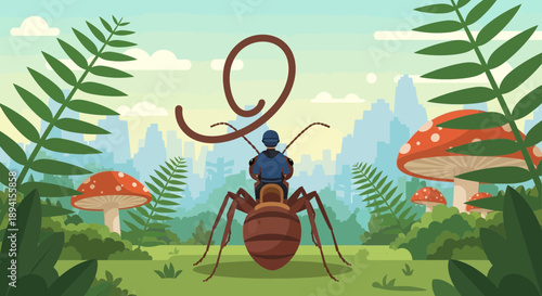 Tiny Knight Riding Giant Ant Through Magical Forest