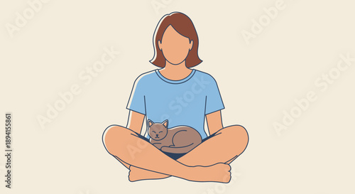 Woman Meditating With Cat On Lap, Peaceful Calm Moment, Lifestyle Illustration