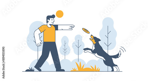 Man Playing Frisbee With Dog In Park - Flat Illustration