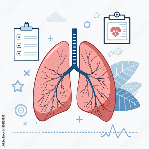 Vector illustration of human lungs with medical symbols, symbolizing respiratory health, diagnosis, and care. Ideal for educational content on pulmonary well-being