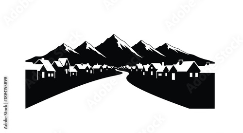 Mountain town landscape with road houses and sharp peaks silhouette