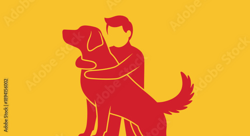 Man Hugging Dog Silhouette, Friendship, Loyalty, Pet Love, Yellow Background