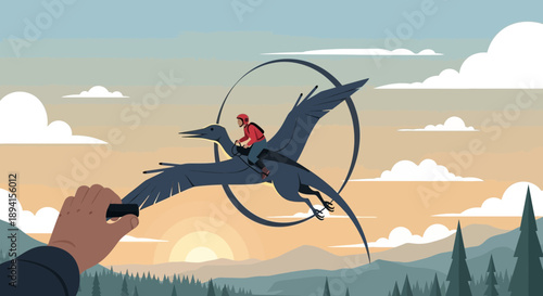 Person riding a pterodactyl in the sky at sunset, adventure concept