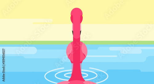 Minimalist Pink Flamingo Standing in Blue Water with Ripples