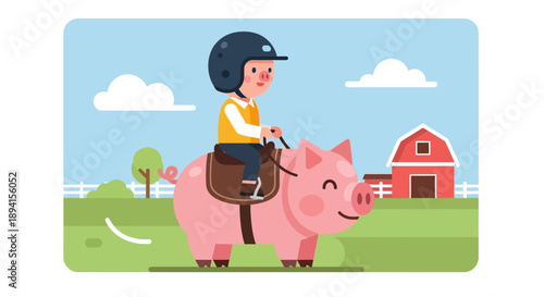 Child Riding a Pig on a Farm with Barn and Blue Sky