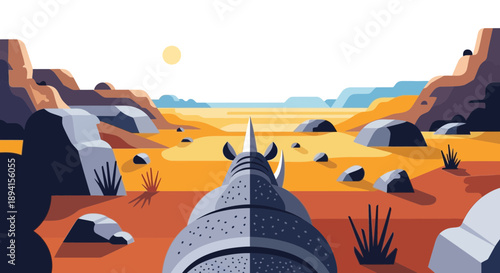 Stylized Rhino in African Desert Landscape, Flat Design Art
