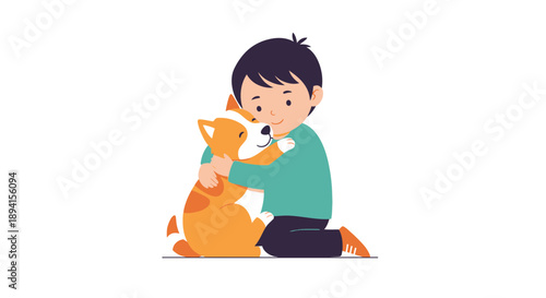 Boy Hugging Cute Cat, Friendship and Animal Love, Vector Illustration
