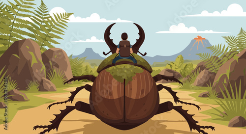 Adventurer Riding Giant Beetle Through Prehistoric Landscape with Volcano