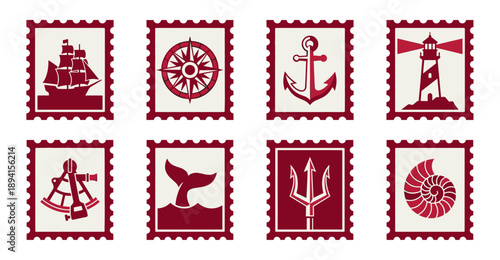 Flat Nautical Maritime Icon Postage Stamp Collection for Scalloped Border Stationery Design