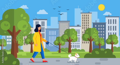 Woman walking dog in city park, urban nature, flat illustration