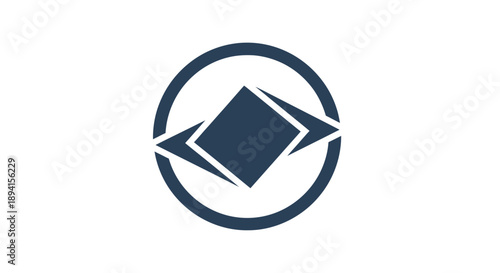 Abstract geometric logo with a dark blue square and triangles within a circle.