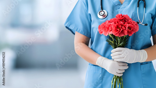 Healthcare professional in blue scrubs holding a bouquet of pink flowers, symbolizing care and compassion in a medical environment with a soft blurred background