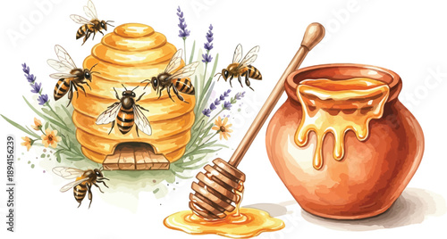 Cute cartoon bees around beehive and jar of honey with dipper and flowers