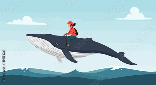 Girl riding a giant whale through the ocean, fantasy, adventure, surreal illustration
